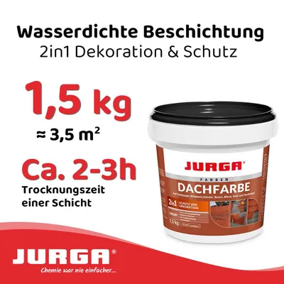 Produktbild von Jurga Dachfarbe Ziegelrot 1,5kg, Sockelfarbe WASSERDICHT, Fassadenfarbe für Außen, Dachbeschichtung für Blechdach, Bitumen, Dachpappe, Schindeln, Putz