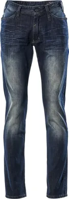 A pair of dark blue denim jeans is shown against a white background.