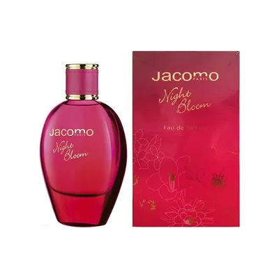 A bottle of Jacomo Night Bloom Eau de Parfum and its packaging are displayed against a white background.