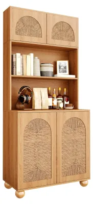 Productafbeelding van Moonbite hoge kast, 180 cm, met deuren van touwstructuur, opbergkast met 4 deuren en een open middenzone, beukenhouten bolvoeten, MDF-plaat en spaanplaat, naturel
