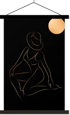 Produktbild von MuchoWow® Textilposter Frau - Sonne - Gold - Strichzeichnung 40x60 cm mit schwarzem Rahmen - Wanddekorationen