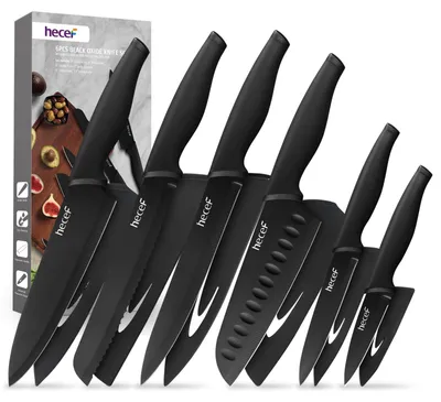 6-teiliges Küchenmesserset mit Klingenschutz, schwarz, 34,5 cm