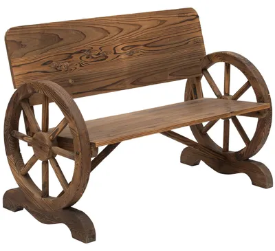 Produktbild von Gartenbank Mit Armlehne, Sitzbank Mit Wagenräder-Design, Gartenmöbel, Rustikale Bank, Massivholz, Braun, 114 X 58 X 80 Cm
