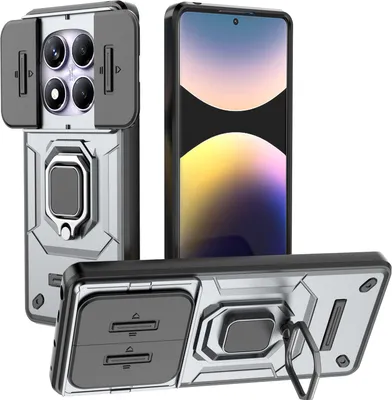 Immagine prodotto di Custodia per Xiaomi Redmi Note 14 Pro 4G a doppio strato con protezione scorrevole per la fotocamera e supporto ad anello, stand Grey