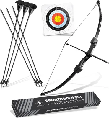 Produktbild von BOWRILLA® Pfeil und Bogen Kinder Set | Einsteiger Sportbogen mit 3 Saugnapf- und 3 Spitzen-Pfeilen | Ideal für Kinder und Jugendliche 8-15 Jahre | Für Rechts- & Linkshänder geeignet