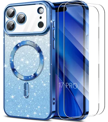 Image de Coque + 2 Verres Trempés pour iPhone 17 Pro, avec Anneau Magnétique Protection Scintillante - Bleu