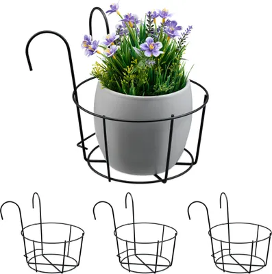 Image de Support pour pots de fleurs Relaxdays, lot de 4, pour balcon, en métal, H x l x P : 21 x 20 x 26 cm, support à accrocher, noir