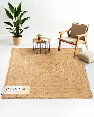 Produktbild von Juteteppich Nele Beige handgewebt aus Jute 120x120 cm | Quadratischer Naturfaserteppich im Boho Style für Wohnzimmer, Küche und im Flur