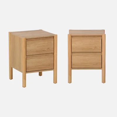 Two wooden nightstands with two drawers each, displayed against a light gray background.
