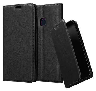 A black leather flip case for a smartphone is shown open, with the phone partially inserted.