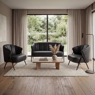 Produktbild von Wohnzimmer-Set MCW-P30, 2er-Sofa 2x Sessel, Vintage Retro Industrial Metall Kunstleder  schwarz