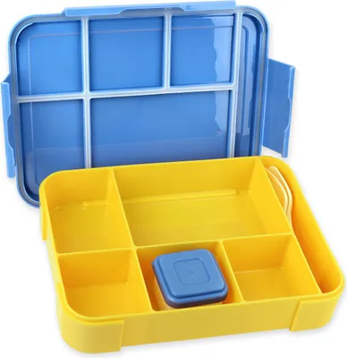 Produktbild von Schramm® Brotdose aus Kunstoff wählbar in 3 Farben 23x17x5cm Lunchbox mit 6 Fächern 1300ml Kinderbrotdose mit Schnapverschluss , Farbe:blau / gelb
