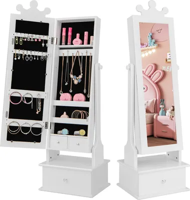 Produktbild von GOPLUS 2-in-1 Kinder Schmuckschrank mit Kronen, Kosmetikschrank mit Ganzkörperspiegel, 18 Ohrringschlitzen, 6 Armbandhaken etc. für Kinder ab 3 Jahren