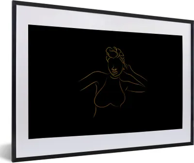 Produktbild von MuchoWow® Gerahmtes Poster Frau - Schwarz - Gold - Strichzeichnung 60x40 cm - Poster mit Schwarzem Bilderrahmen Wandposter Rahmen Foto Bilder - Schlafzimmer - Plakat in Rahmen - Drucken