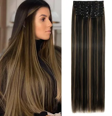 Obrázok produktu pre Clip-in predlžovanie vlasov, 56 cm, 12 kusov, rovné, syntetické, prírodná čierna a tmavohnedá