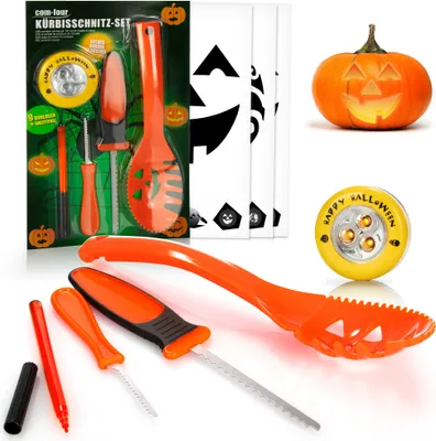 Produktbild von com-four® 14-teiliges Kürbis Schnitz-Set für Halloween - Schneide-Werkzeuge zum Aushöhlen von Kürbissen - Messer, Löffel, Stift, Schablonen und LED Kürbislicht