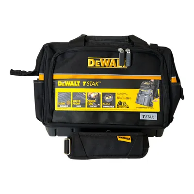 A black DeWalt TSTAK tool bag with yellow accents and branding, presented against a white background.