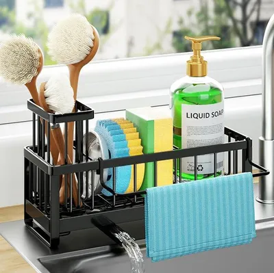 Produktbild von PolkaHome® Spülorganizer für die Spüle – Abtropfgestell mit Schwammhalter, Bürstenhalter und Geschirrtuchhalter, Selbstreinigender