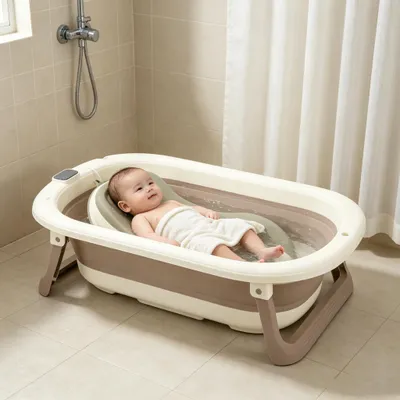Produktbild von Faltbare Baby Badewanne,Babybadewanne mit Thermometer und Stützkissen Rutschfeste,Babywanne Badebecken Duschwanne für Kleinkinder 0-3 Jahre(Braun)