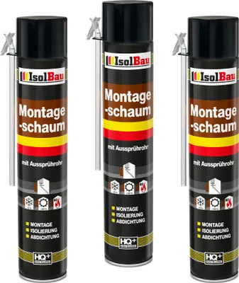 Produktbild von Isolbau 3 x 750 ml Montageschaum mit Aussprührohr - PolyurethanBauschaum für Montage, Isolierung, Abdichtung, Innen & außen