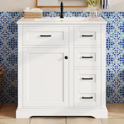 Produktbild von Bodenstehender Waschtischunterschrank 76 cm mit integriertem Keramikwaschbecken, Weiß