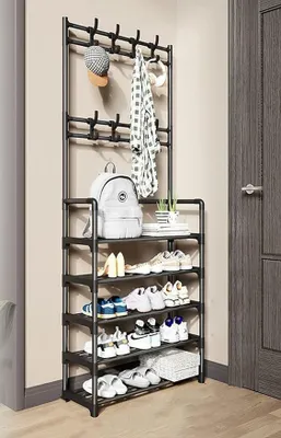 Produktbild von Garderobenständer,Schuhbank Freistehende Garderobe,Metallrahmen Multifunktionale 3 in 1,für den Eingangsbereich mit 8 Doppelhaken,Schwarz