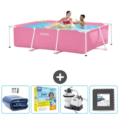 Produktbild von Intex-Schwimmbecken mit rechteckigem Rahmen – 220 x 150 x 60 cm – Rosa – im Lieferumfang enthalten Sonnensegel - Wartungspaket - Filterpumpe für Schwimmbad - Bodenfliesen