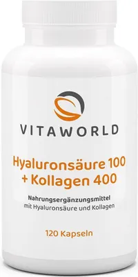 Zdjęcie produktu dla Vitaworld Kwas hialuronowy 100 + Kolagen 400 | 120 kapsułek | czysto roślinny kwas hialuronowy | bioaktywne peptydy kolagenowe
