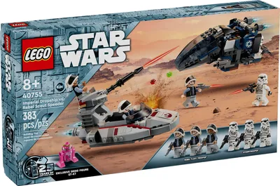 The image shows the packaging of a LEGO Star Wars Imperial Dropship vs. Rebel Scout Speeder set, with a scene depicted on the box that includes the LEGO models and minifigures in action.