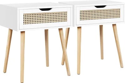 Produktbild von Yaheetech Nachttisch 2er Set mit Schublade Nachtschrank Beistelltisch Rattan Nachtkommode Holzbeine Sofatisch Boxspringbett Nachtkommode 48,5 cm L × 41 cm B × 57,5 cm H, Weiß