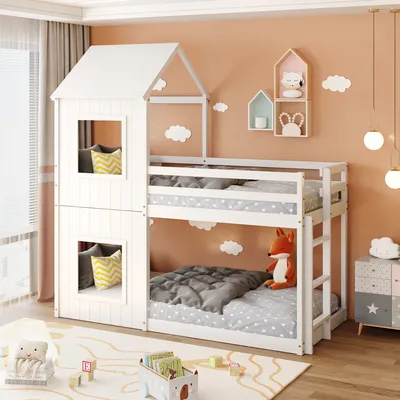 Produktbild von MODFU Etagenbett Kinderbett 90x200cm mit Leiter & Baldachin, Hochbett mit Rausfallschutz, Massivholzbett Stockbett Bodenbett mit Lattenrost und Fenster, Jugendbett Bettgestell, Weiß