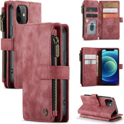 Image de iPhone 12 Mini Housse pour téléphone portable, fermeture à glissière Housse en cuirPolyuréthaneà rabat Fermeture magnétique Porte-cartes Stand Fonction Porte-monnaie Housse de protection pour iPhone 12 Mini Rouge