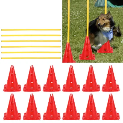 Produktbild von Vigevee 6er Sports Steckhürdenset 12 Kegel + 6 Stangen Agility Hürden Steckhürden Set, Koordinationstraining für Kinder Hunde Teamsport Fussball, Multifunktionskegel