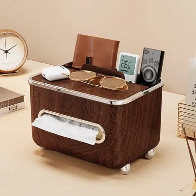 Produktbild von Rechteckige Houttissuebox mit Opbergräumen, multifunktionale Fernbedienungshalter, Wohnzimmer, Schlafzimmer, Büro-Organizer mit dekorativen Fachern - Houtfarbe
