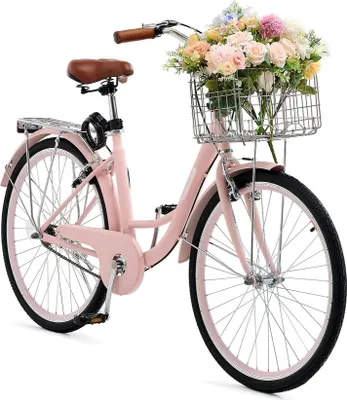 Immagine prodotto di Bicicletta Cruiser Rosa Beach - Pneumatici da 66 cm - Ciclismo a 1 marcia - Bicicletta con cestino per gite in spiaggia