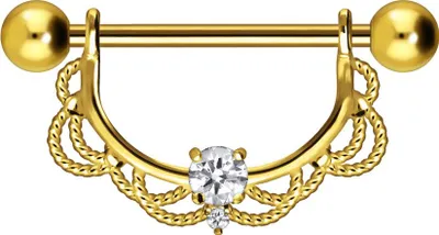 Produktbild von Brustwarzenpiercing, Zungenpiercing, Intim-Piercing Chirurgenstahl Nippelpiercing ORIENTALISCHES DESIGN + KRISTALL Gold Stablänge: mm