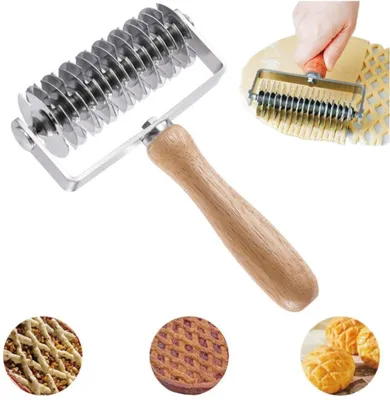 Produktbild von Teigroller - Teigschneider - Teiggitterausstecher - Pizzaroller - Edelstahl mit Holzgriff - 13,3 x 20,5 x 5 cm - für Keksteig, Pizza und Gebäck