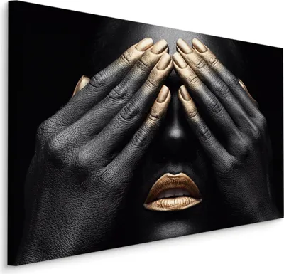 Produktbild von CANVAS Leinwand Bilder XXL Kunstdruck Abstrakt Frau Porträt Gesicht goldenes Mund Finger Br. 120 cm x Hö. 80 cm