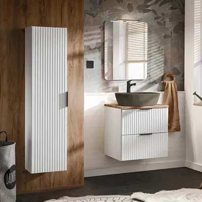Produktbild von Badezimmermöbel Set matt weiß Rillenoptik ADELAIDE-56-WHITE Spiegel & 60 cm Waschtisch mit Keramikbecken, Hochschrank