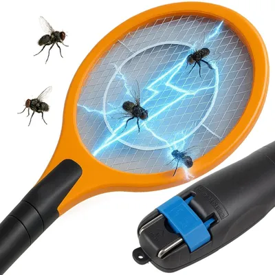 Zdjęcie produktu dla Łapka na muchy elektryczna akumulatorowa rakietka na komary owady do gniazdka 230V pomarańczowa packa na muchy