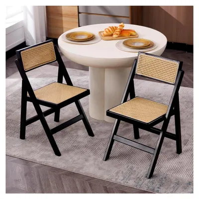 Produktbild von 2er Set Esszimmerstühle Holz Klappstühle Rattan klappbar Küchenstühle ohne Armlehne Vintage Akzentstühle Gartenstühle für Esszimmer/Küche/Balkon, Schwarz