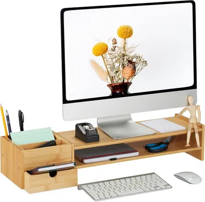 Immagine prodotto di Supporto per monitor in bambù con cassetto e 5 scomparti, dimensioni 13 x 70 x 19 cm, supporto per schermo da scrivania, colore naturale