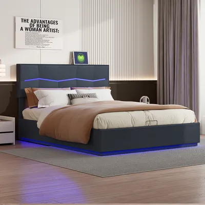 Produktbild von CDGlobal Polsterbett 140x200cm Stauraumbett mit LED und USB , Doppelbett Boxspringbett mit Lattenrost und Stauraum, Funktionsbett Jugendbett, PU, Schwarz
