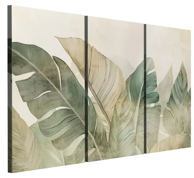 Produktbild von LUMASOUL Leinwand Bilder 120x80 cm, Leinwandbild Blätter Motiv, Wandbilder Holzrahmen und Webstuhl Wohnzimmer und Schlafzimmer, 3 teilig Blätter 01