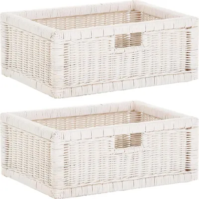 Produktbild von KRINES HOME Stabiles Set / 2 Regalkorb mit Holzrahmen Schubfach aus echtem Rattan / Schübe Box zur Aufbewahrung Regalkorb Schrankkorb Griff (Weiss, Set 42x32x17)
