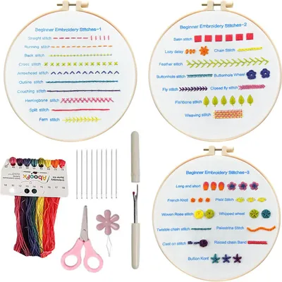 Produktbild von Stickset für Anfänger, 3er-Set Stickstich-Übungsset mit Stickmustern, Handstickset