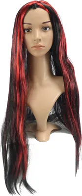 Produktbild von Schwarze Damen Hexen Perücke mit roten Strähnen