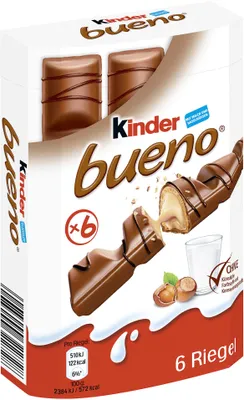 Produktbild von Ferrero Kinder Bueno, Chocolate snacks, 43 g, 2384 kJ, 572 kcal, 41,2 g, 8,6 g