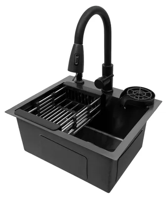 Produktbild von Integrierte Küchenspüle - 40 x 45 cm - Edelstahl - Einzelbecken - Unterbau - Ausziehbarer Wasserhahn mit Abtropfsieb und Seifenspender - Schwarz