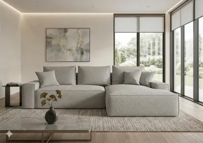 Produktbild von CORNERO Ecksofa mit Schlaffunktion CALIFORNIA in L-Form mit Bettkasten Sofa mit Schlaffunktion Couch mit Stauraum Hellgrau Ottomane rechts